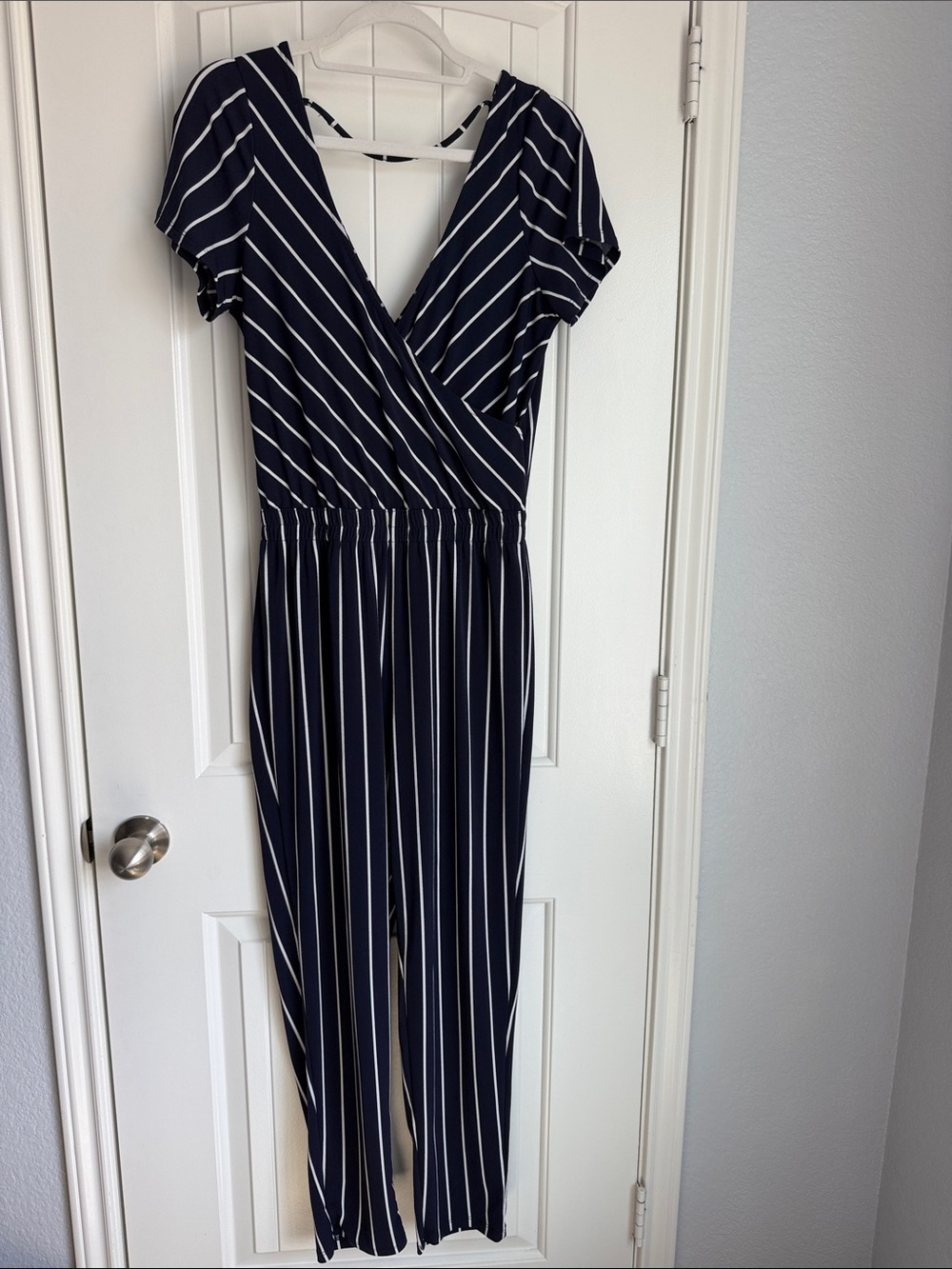 Express Navy and White Striped Short-Sleeve Jumpsuit